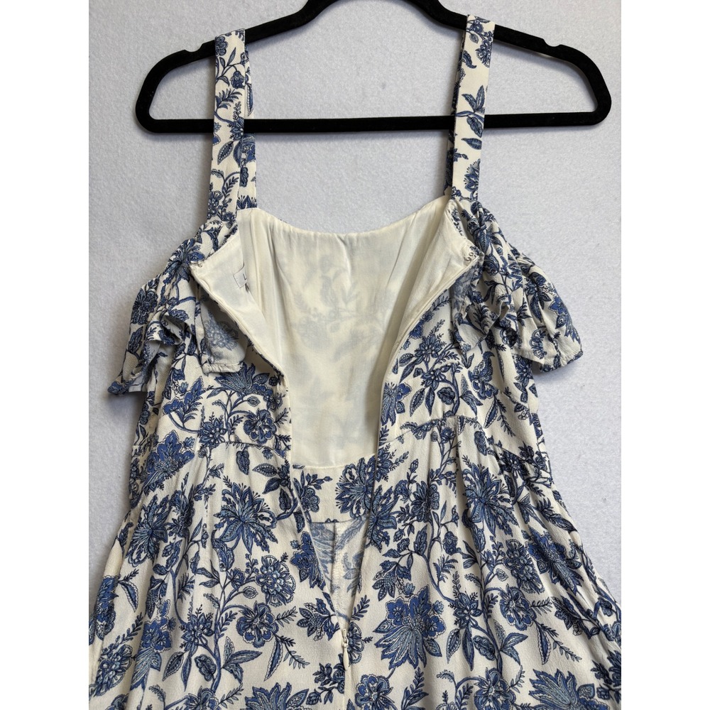 LOFT Women Blue White Floral Toile Wide Leg Ruffle Jumpsuit Size 0 Sleeveless - Picture 5 of 11